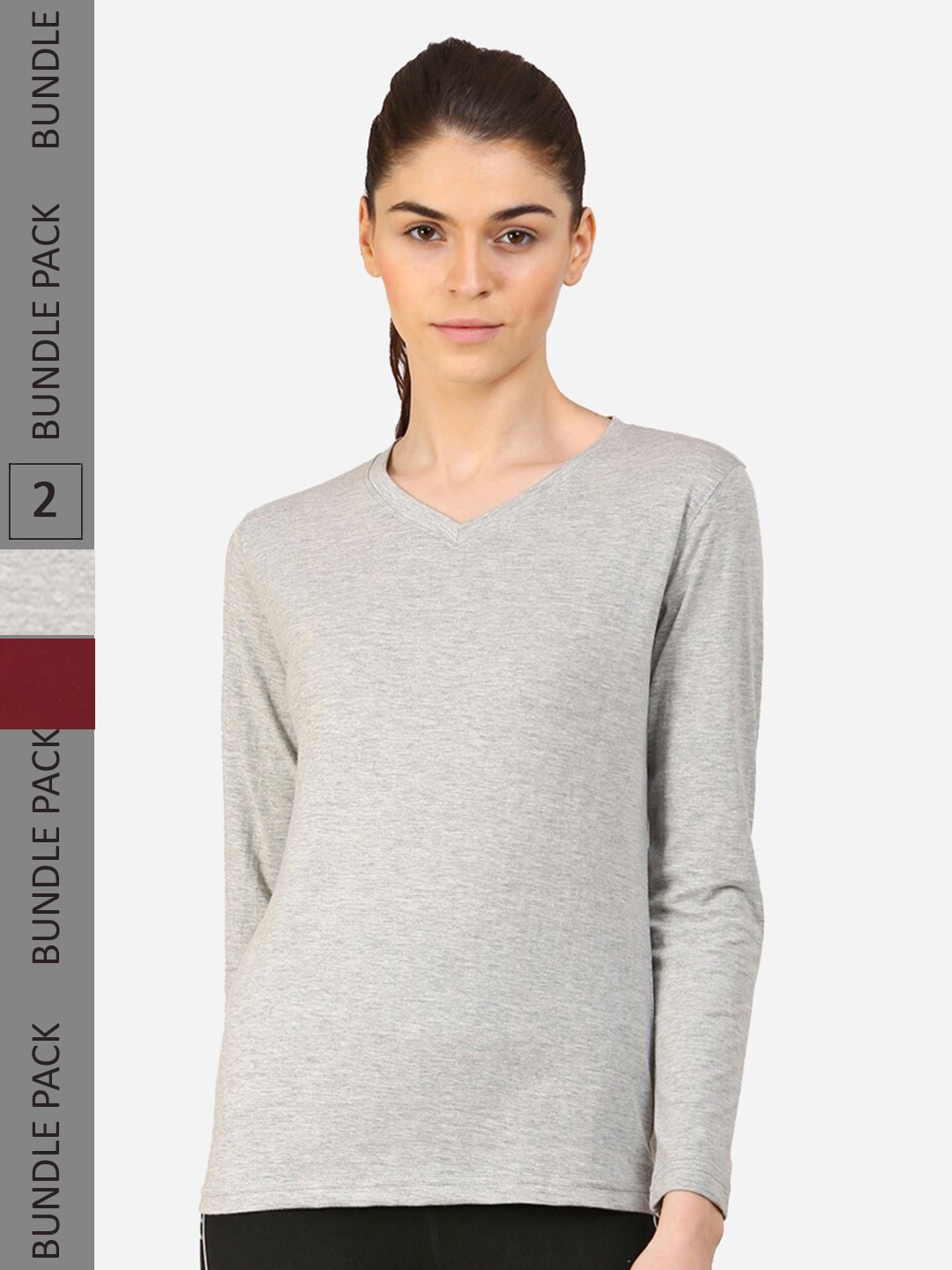 

appulse Pack Of 2 Slim Fit V-Neck Long Sleeves T-shirts, Grey