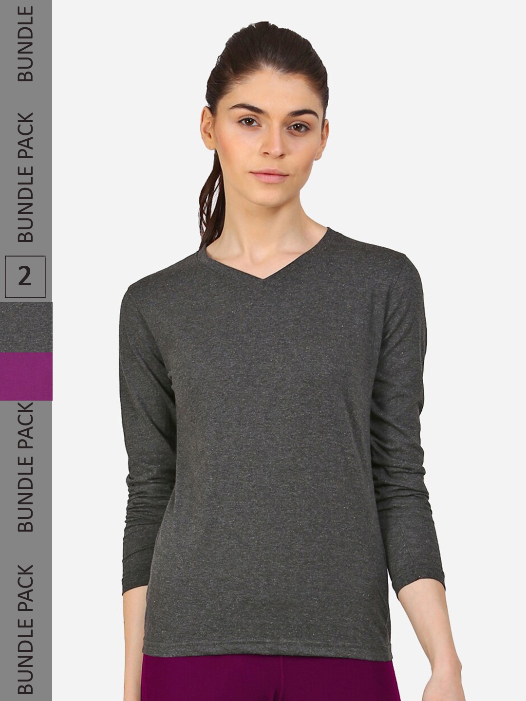 

appulse Pack Of 2 V-Neck Long Sleeves Slim Fit T-Shirt, Charcoal