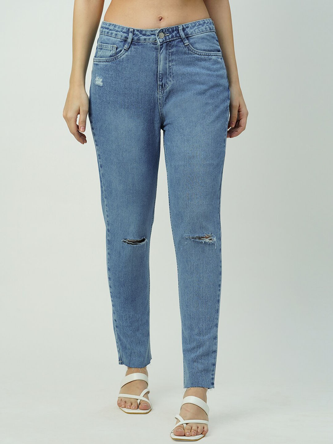 

Kraus Jeans Women Slim Fit High-Rise Slash Knee Light Fade Jeans, Blue