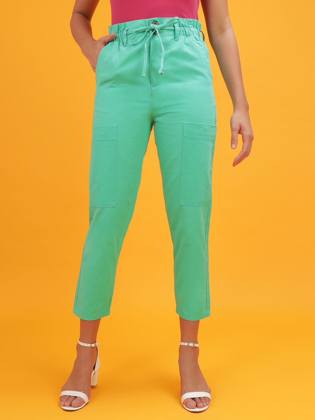 

Freehand by The Indian Garage Co Women Green High-Rise Cotton Trousers