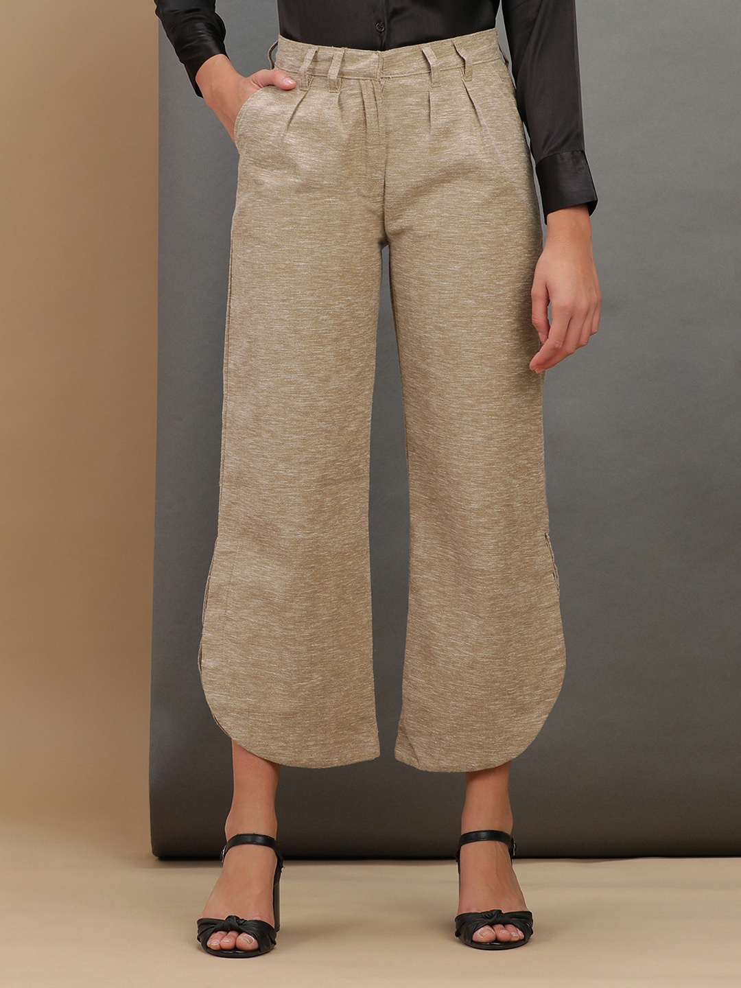 

Freehand by The Indian Garage Co Women Beige Flared Pleated Parallel Trousers