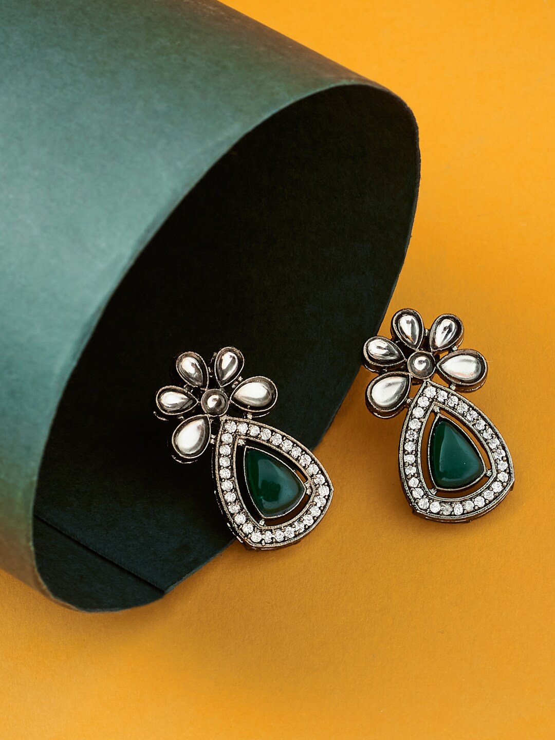 

ATIBELLE German Silver-Plated Floral American Diamond Studded Drop Earrings