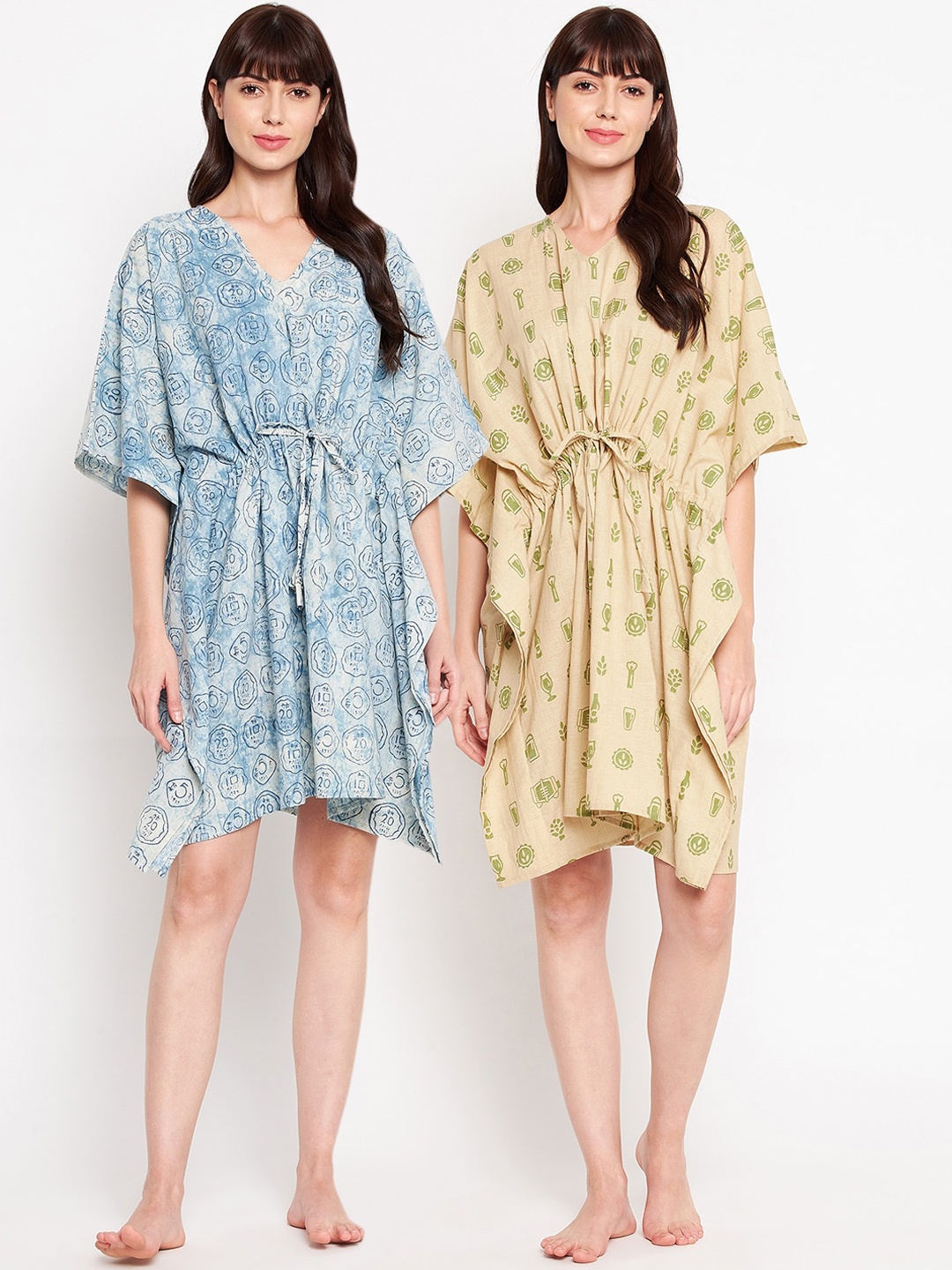 

SECRETS BY ZEROKAATA Set of 2 Printed Pure Cotton Short Kaftan, Beige