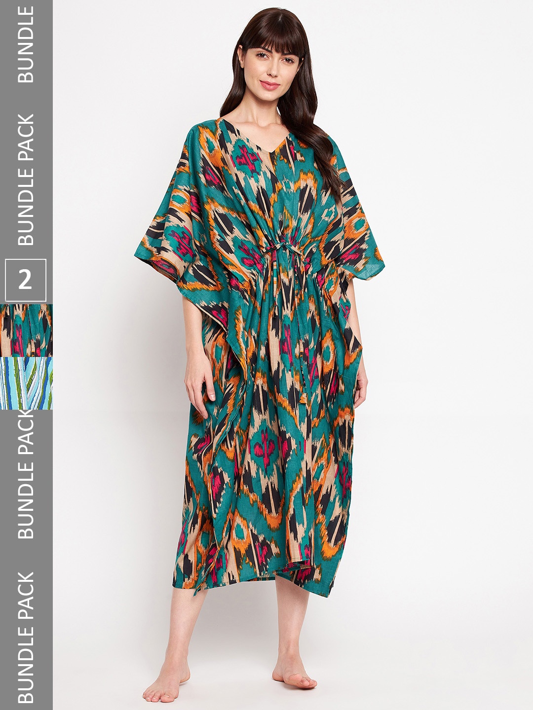 

SECRETS BY ZEROKAATA Pack Of 2 Assorted Printed Cotton Kaftan Cover-Up Midi Dress, Green