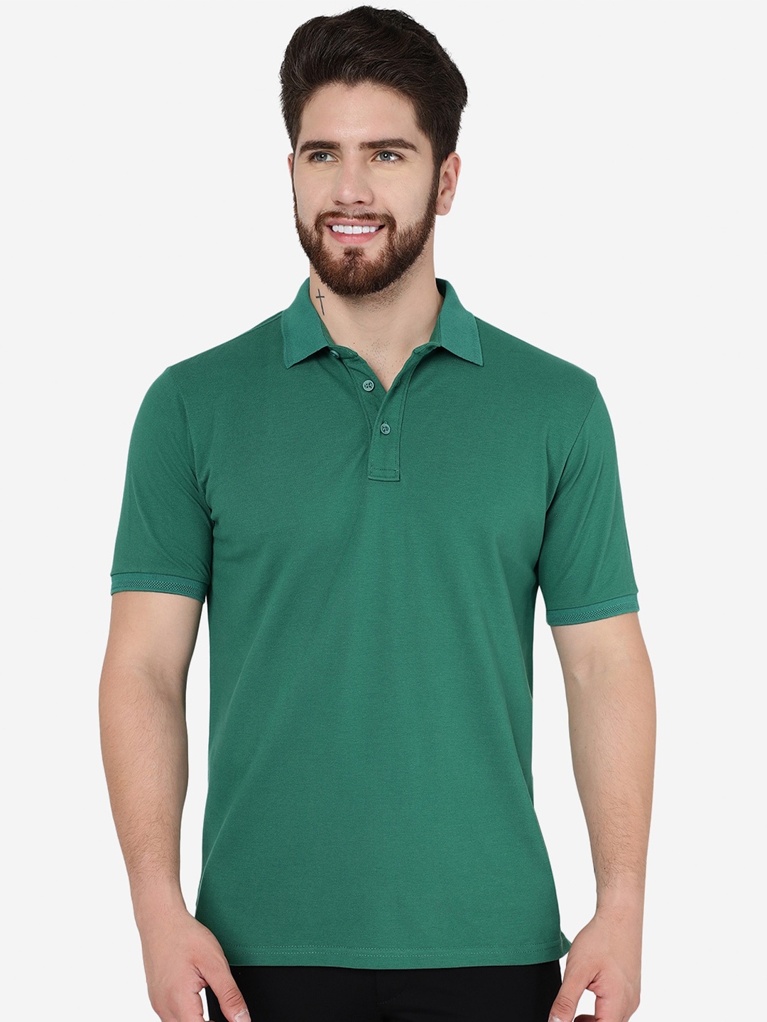 

JADE BLUE Polo Collar Short Sleeves Slim Fit Cotton T-shirt, Green