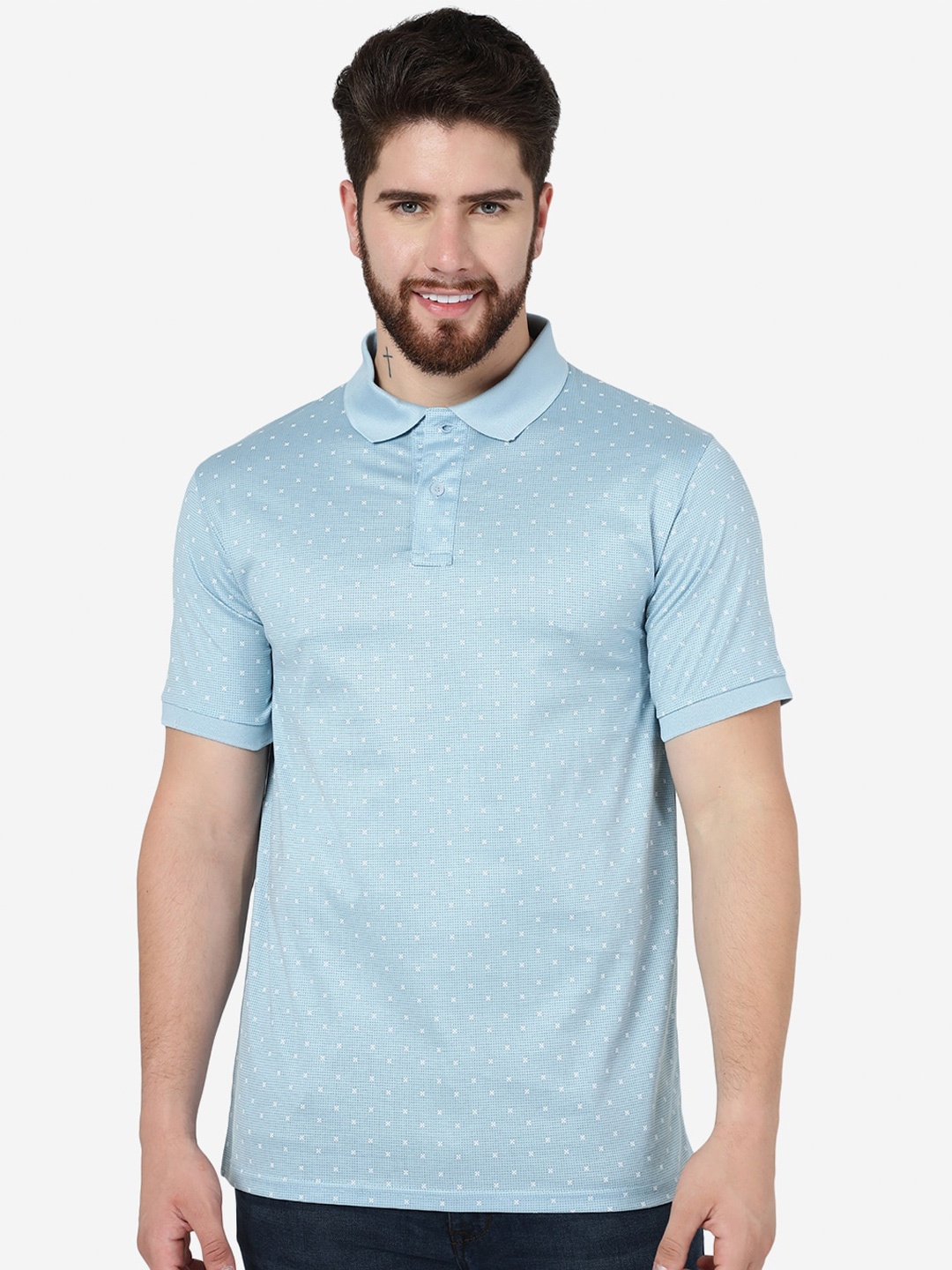 

JADE BLUE Micro Ditsy Printed Polo Collar Slim Fit Cotton T-Shirt