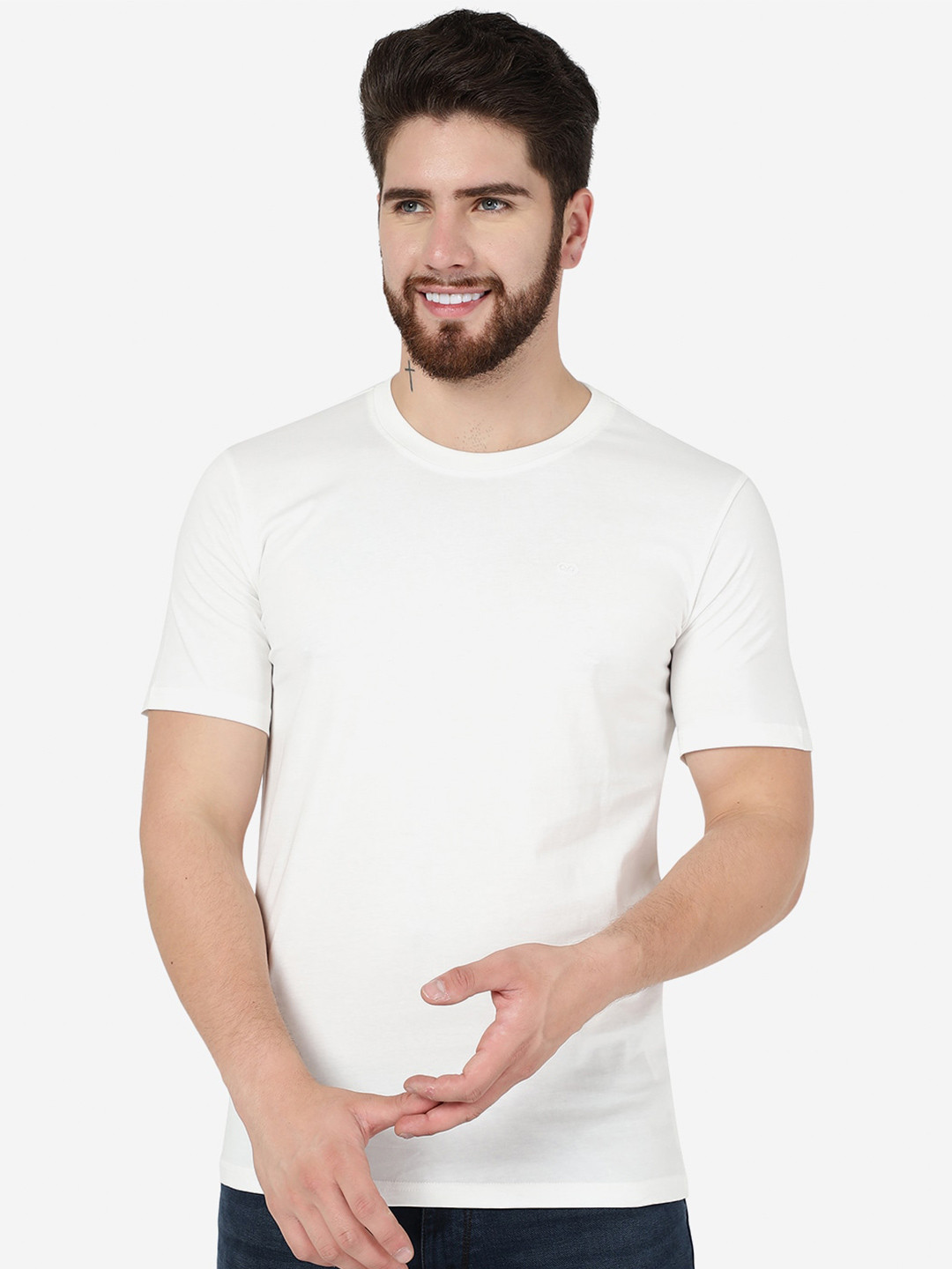 

JADE BLUE Round Neck Cotton Slim Fit T-Shirt, White