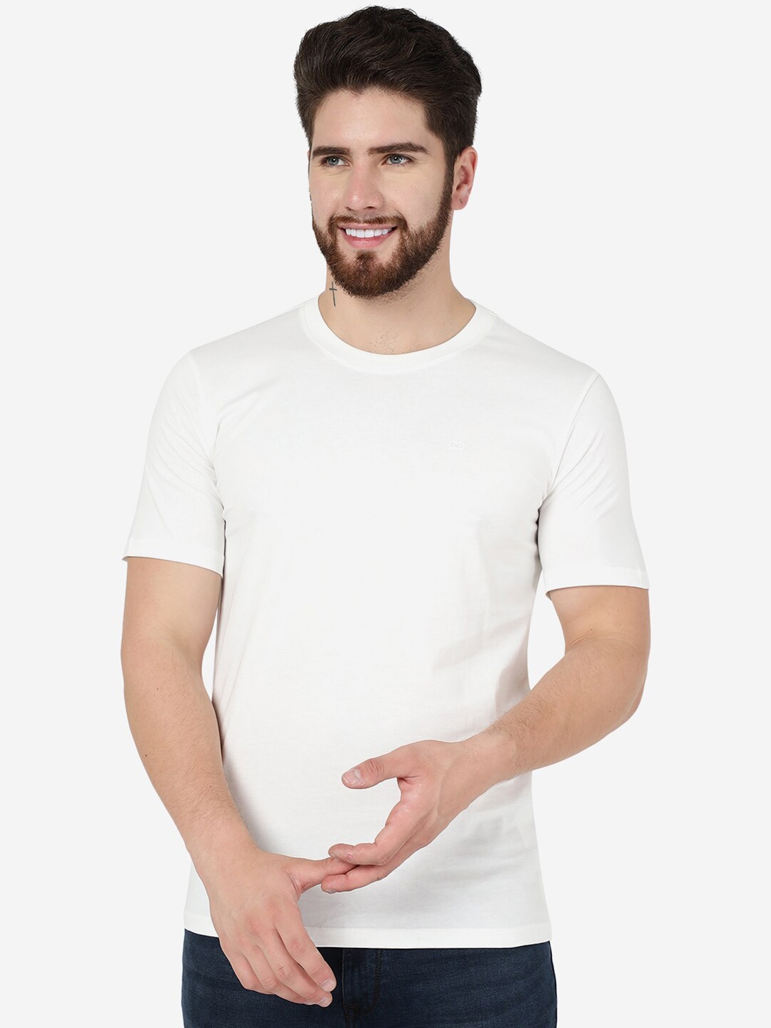 

JADE BLUE Round Neck Cotton Slim Fit T-Shirt, White