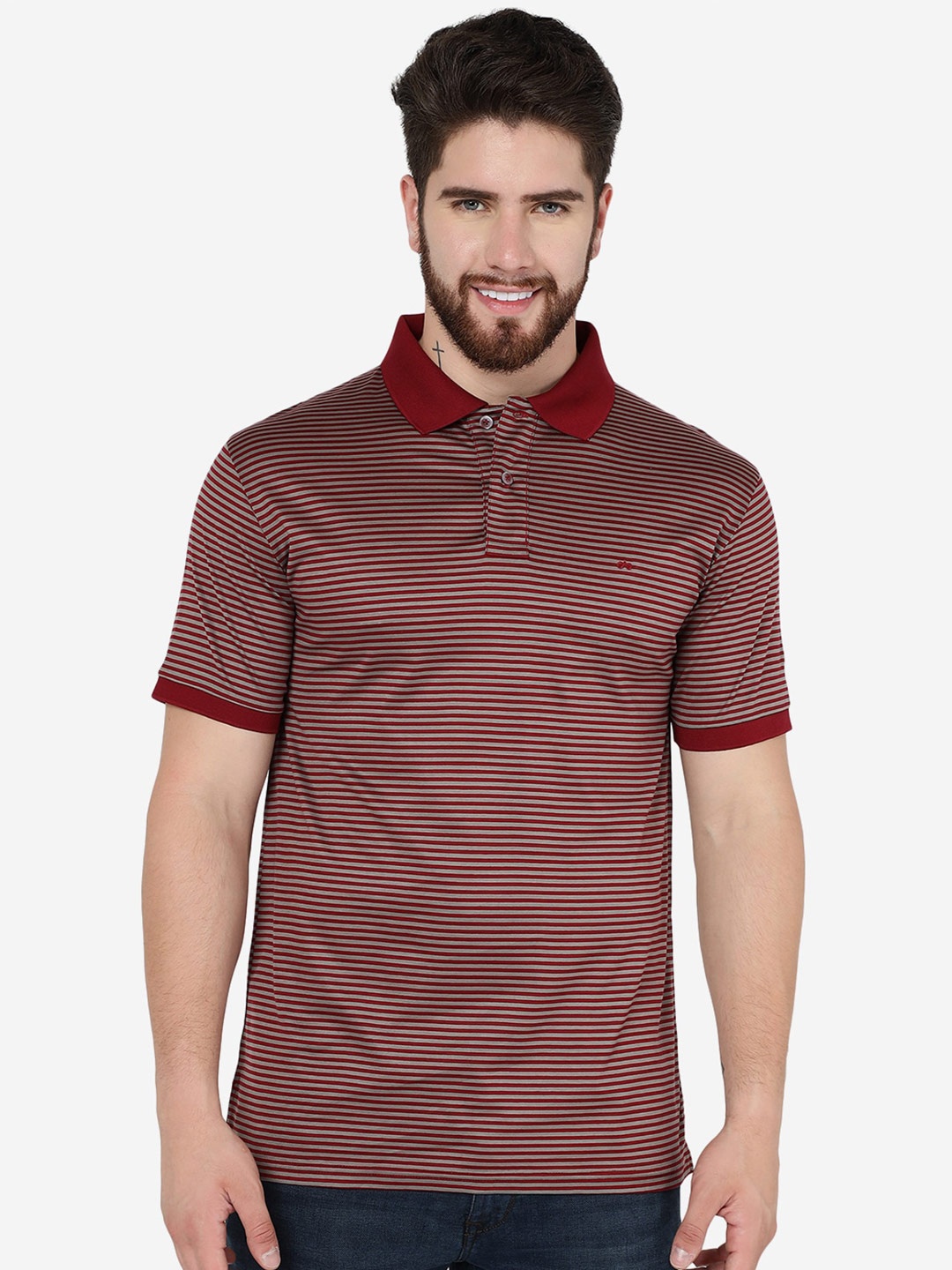 

JADE BLUE Striped Polo Collar Cotton Slim Fit T-Shirt, Red