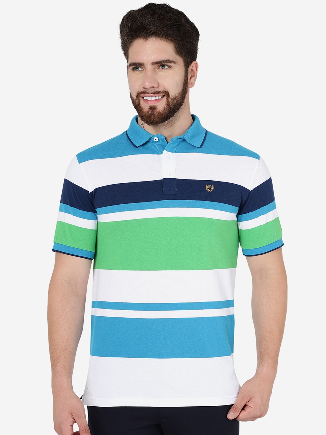 

JADE BLUE Striped Polo Collar Slim Fit Cotton T-Shirt, White