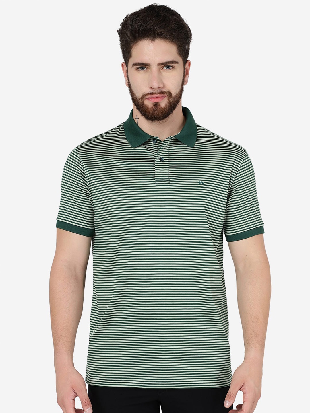 

JADE BLUE Striped Polo Collar Slim Fit Cotton T-Shirt, Green