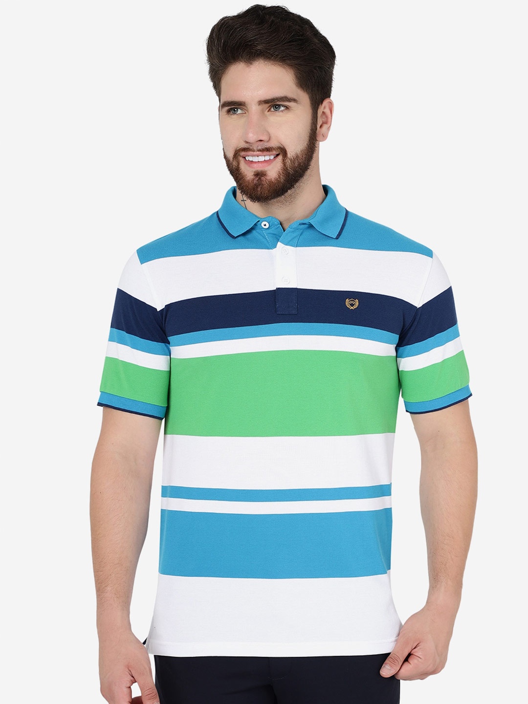 

JADE BLUE Striped Polo Collar Slim Fit Cotton T-Shirt, White