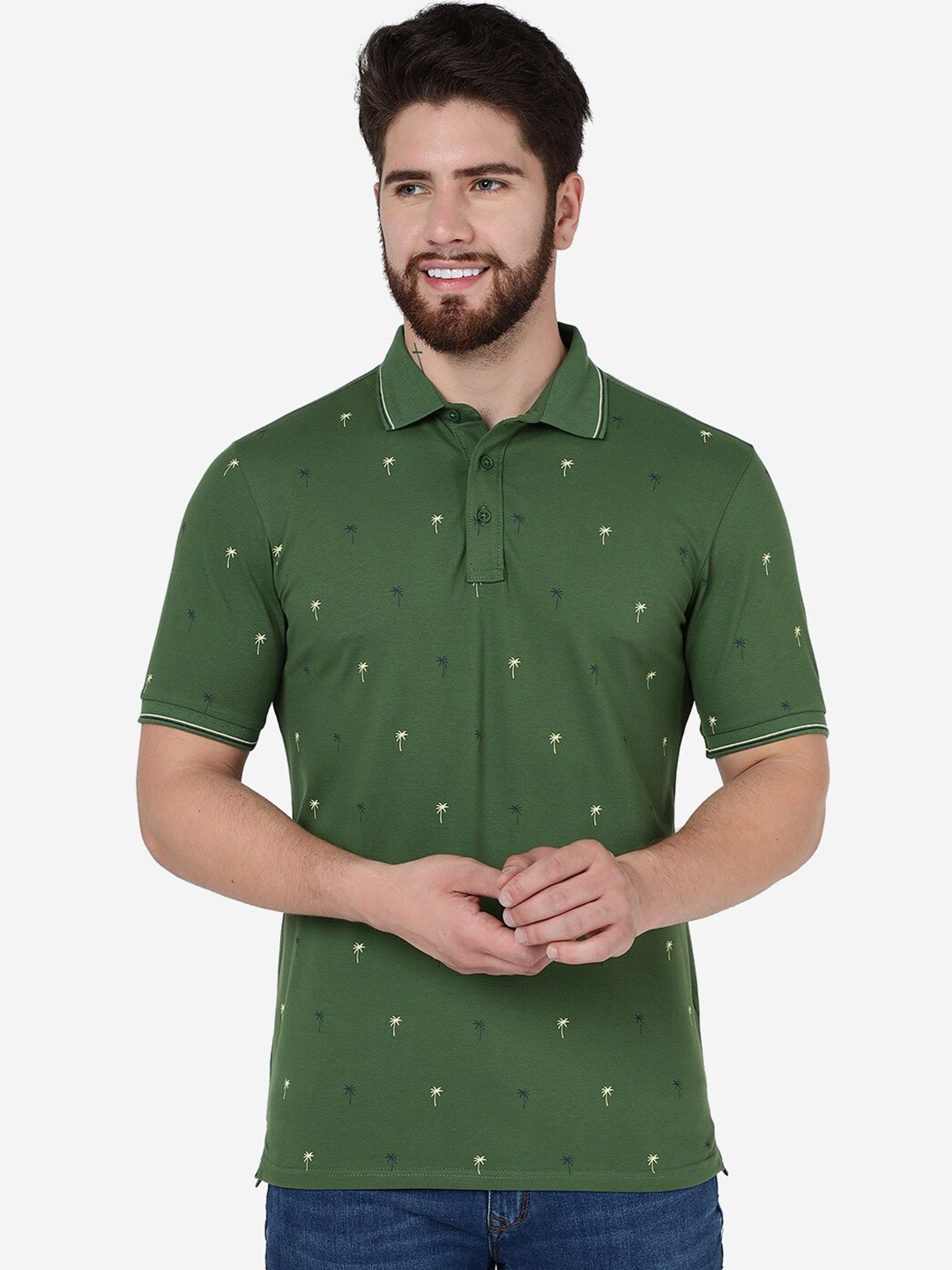 

JADE BLUE Conversational Printed Polo Collar Cotton Slim Fit T-shirt, Green