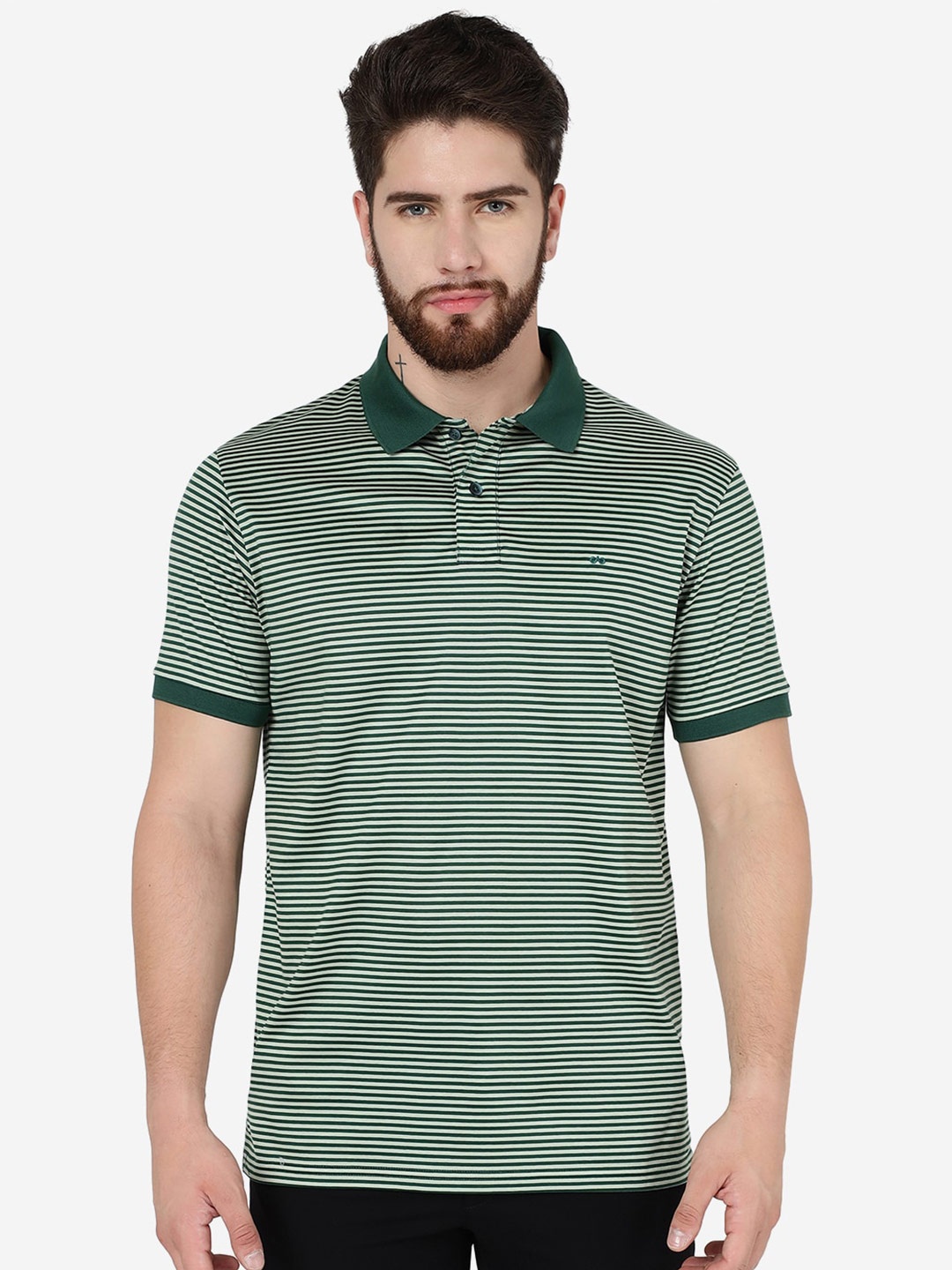 

JADE BLUE Striped Polo Collar Slim Fit Cotton T-Shirt, Green