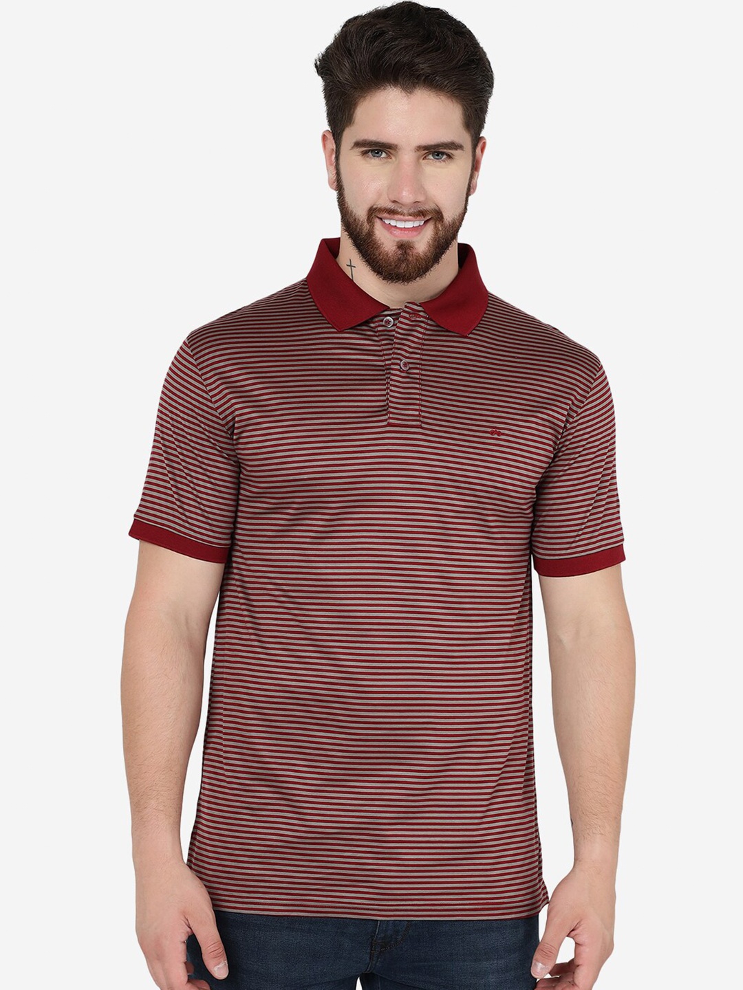 

JADE BLUE Striped Polo Collar Cotton Slim Fit T-shirt, Red