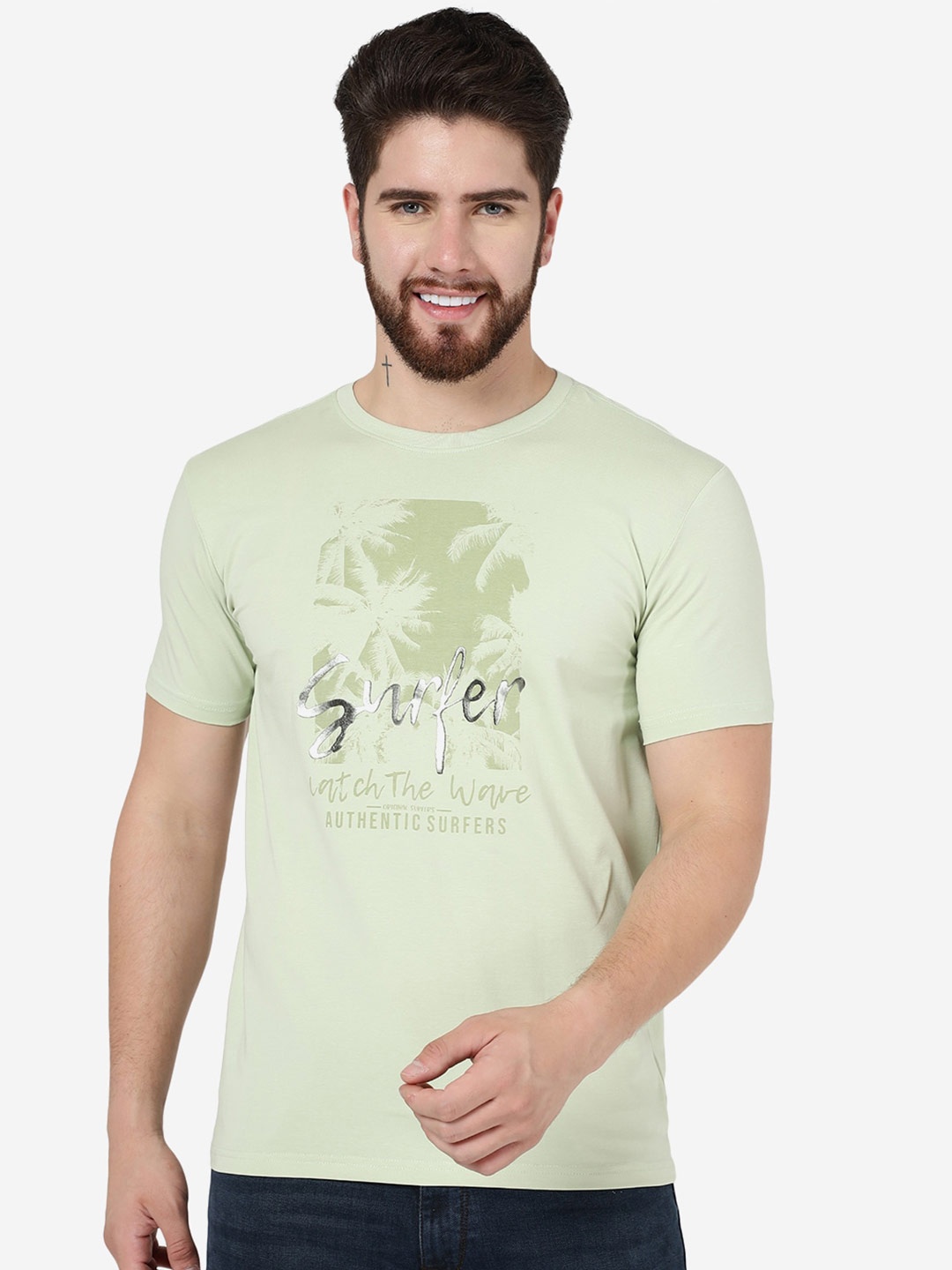 

JADE BLUE Typography Printed Slim Fit Cotton T-Shirt, Green