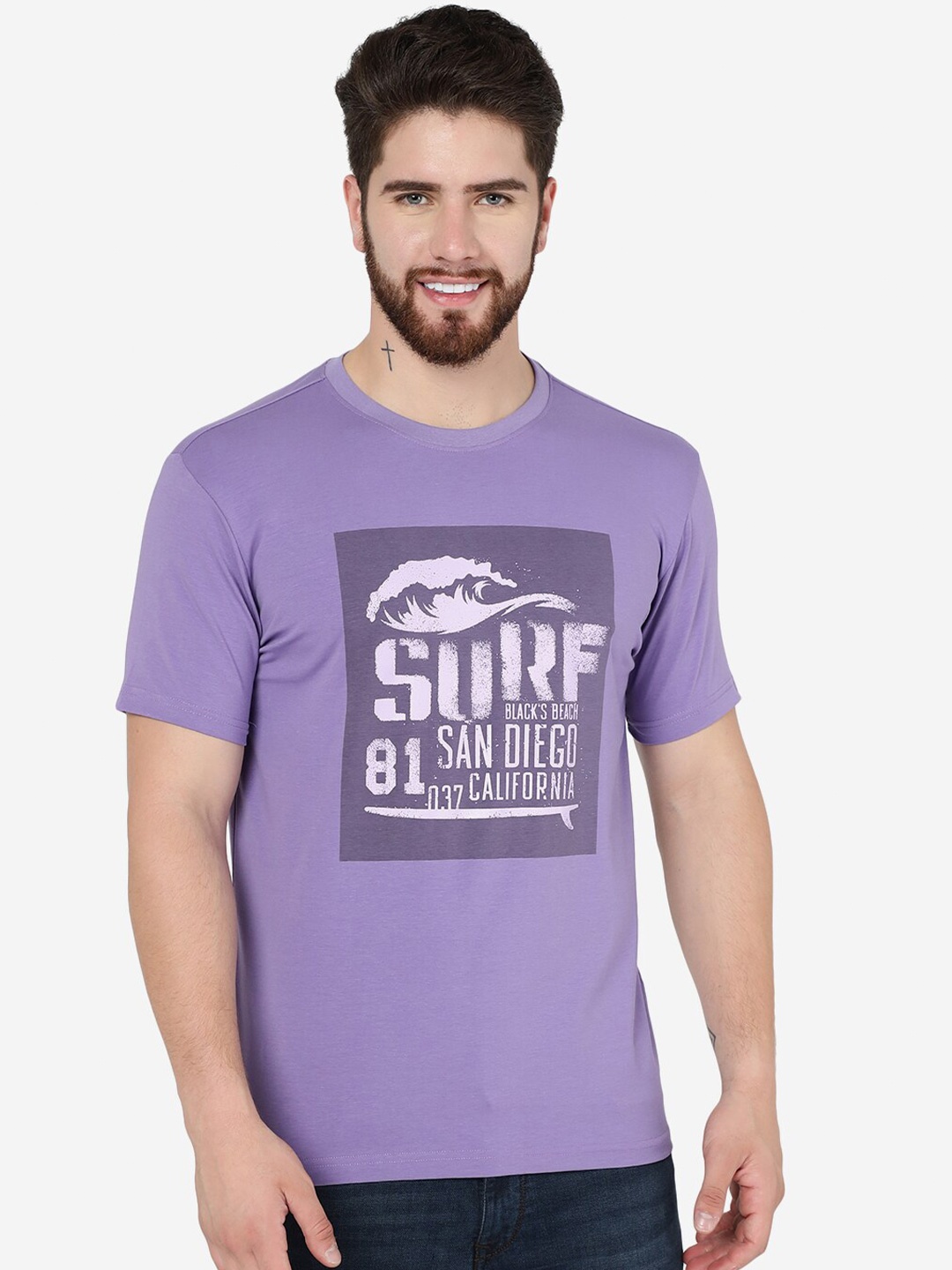 

JADE BLUE Typography Printed Cotton Slim Fit T-Shirt, Purple