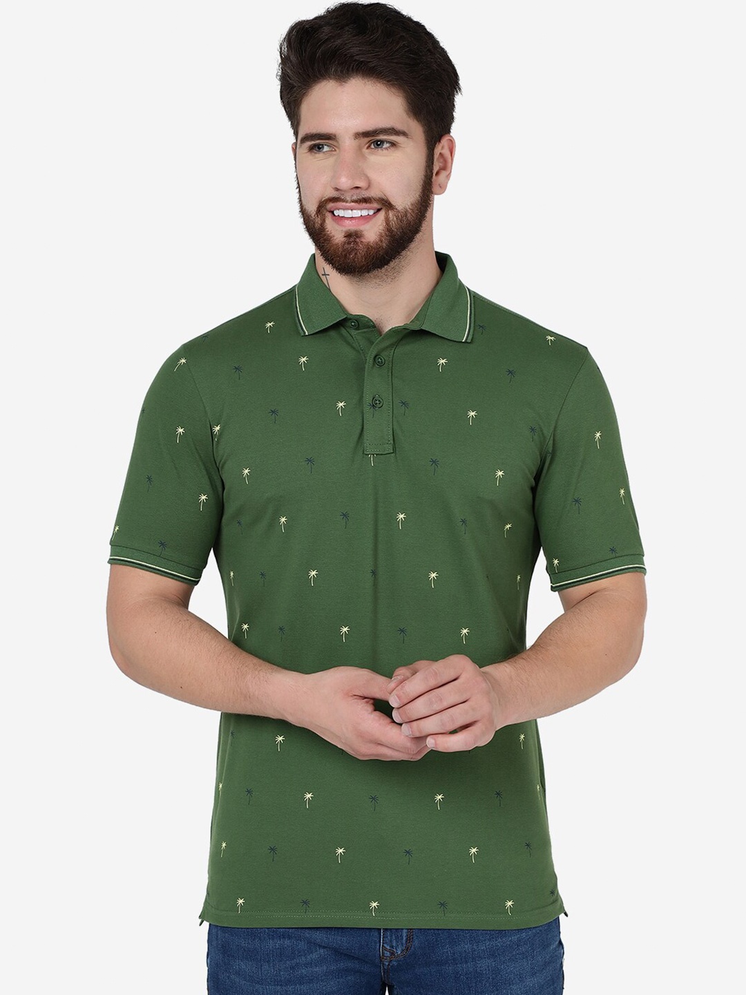 

JADE BLUE Conversational Printed Polo Collar Cotton Slim Fit T-shirt, Green