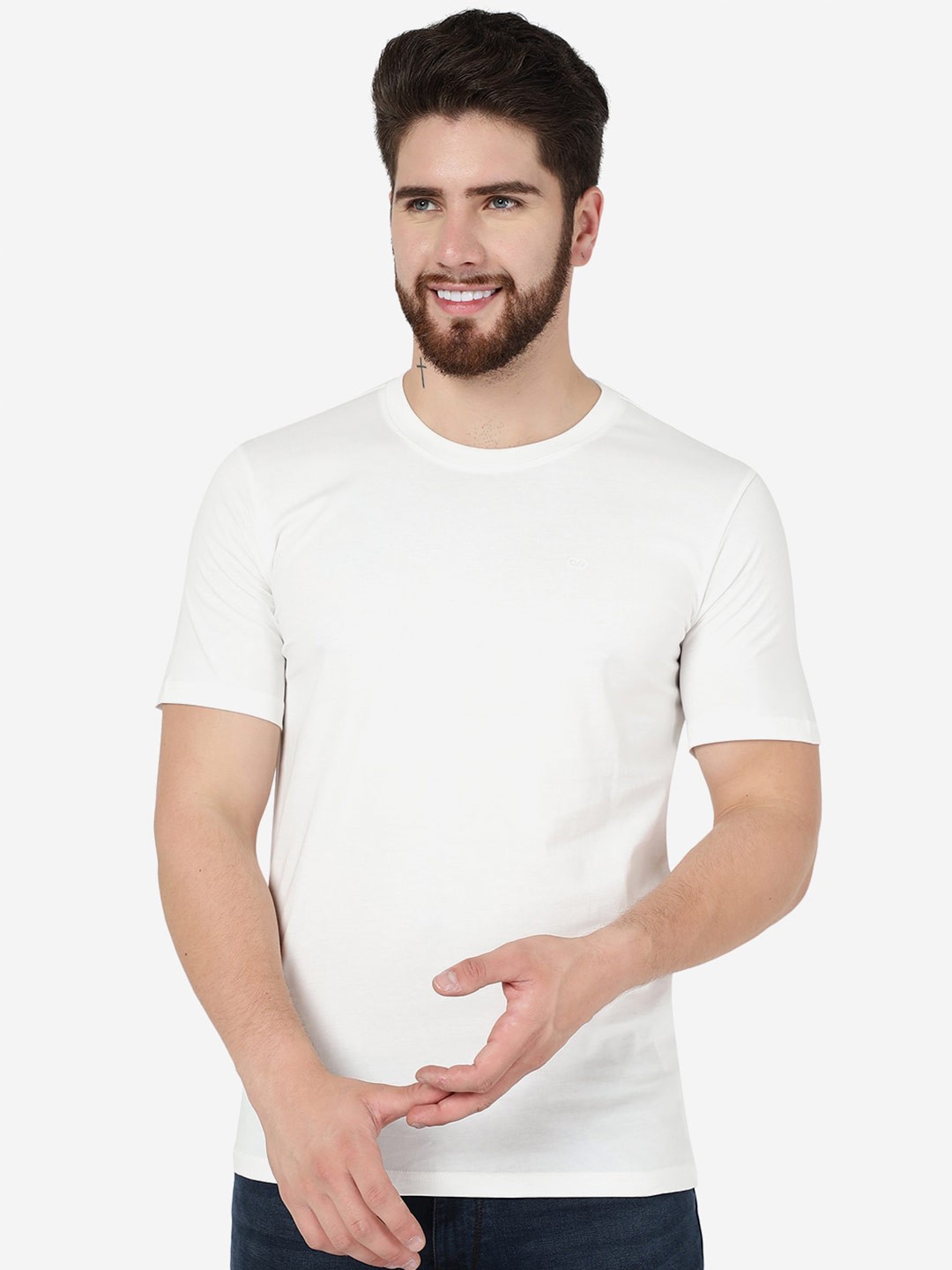 

JADE BLUE Round Neck Cotton Slim Fit T-Shirt, White