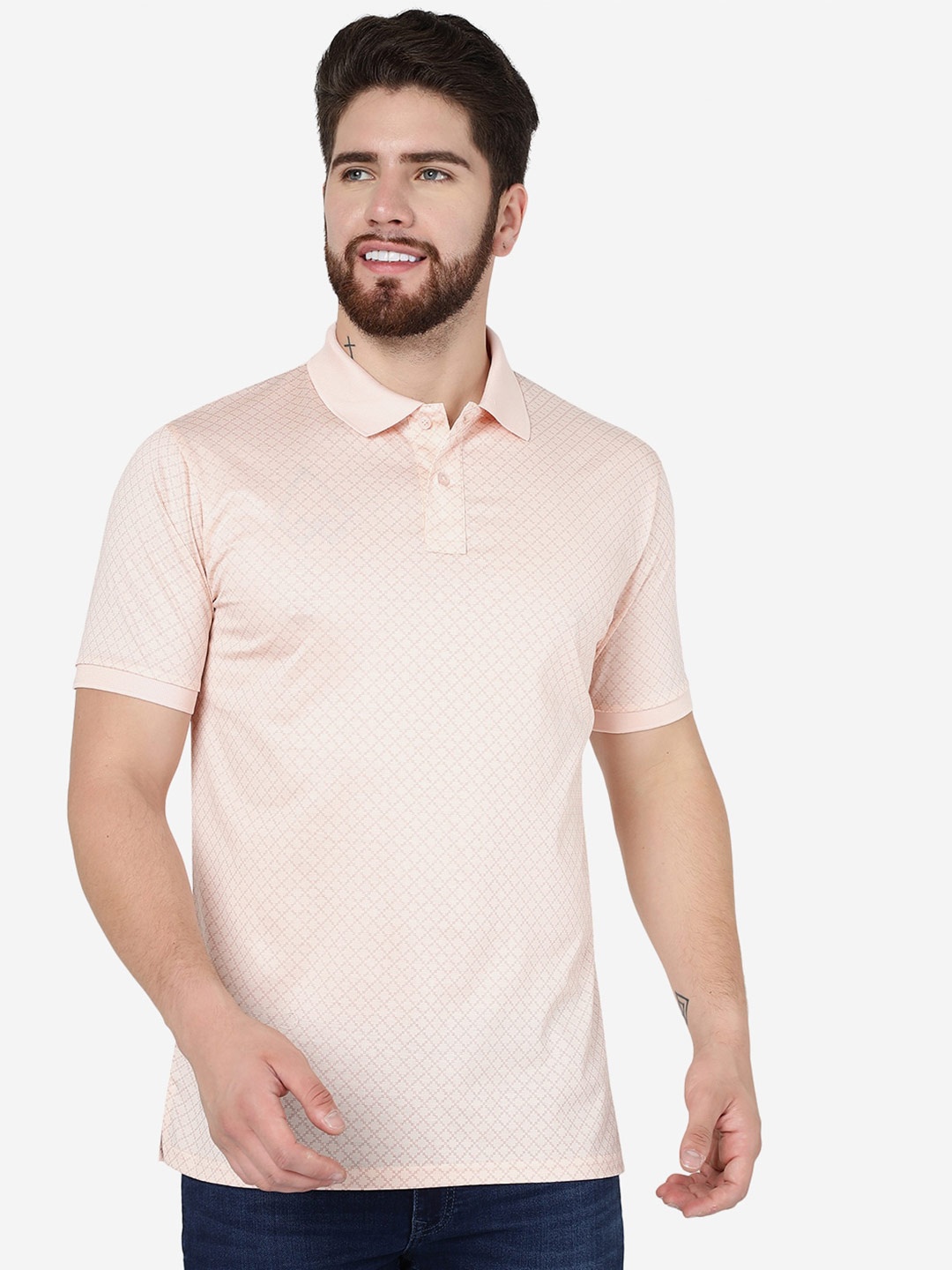

JADE BLUE Geometric Printed Polo Collar Cotton Slim Fit Polo T-Shirt, Peach