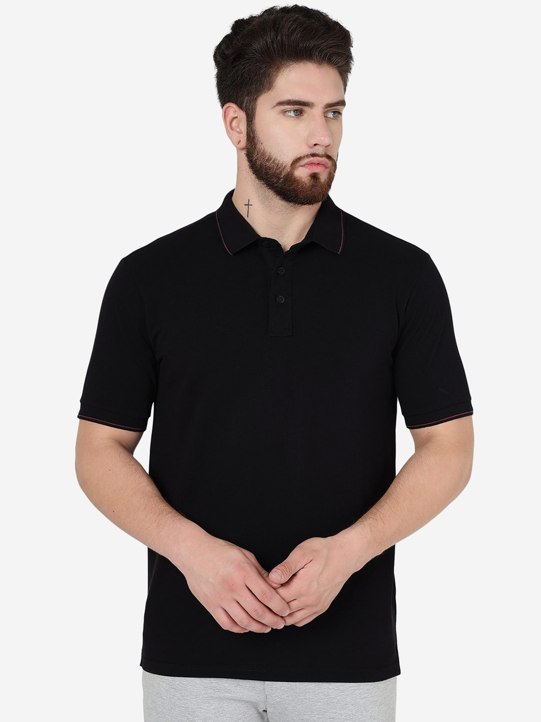 

JADE BLUE Polo Collar Slim Fit Cotton T-Shirt, Black