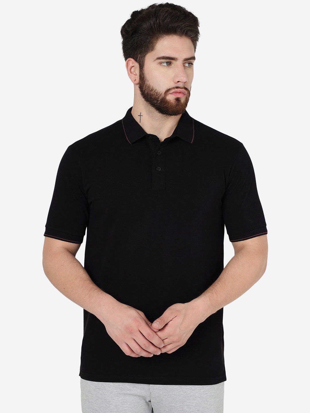 

JADE BLUE Polo Collar Slim Fit Cotton T-Shirt, Black