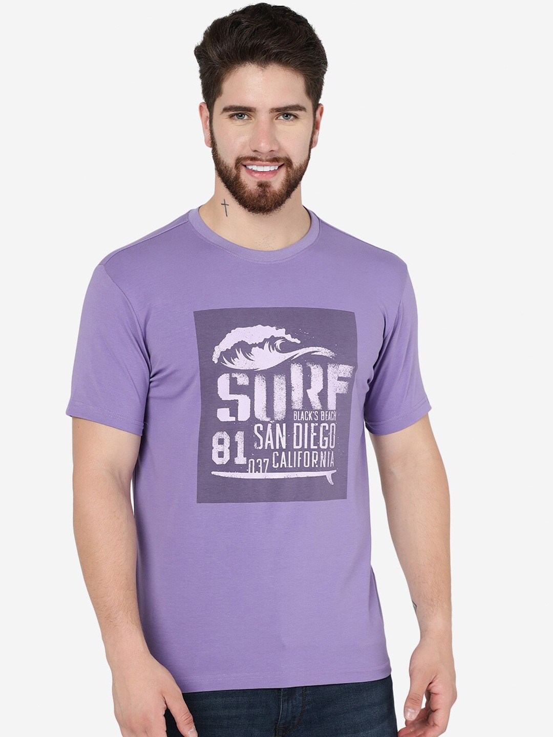 

JADE BLUE Typography Printed Cotton Slim Fit T-shirt, Purple