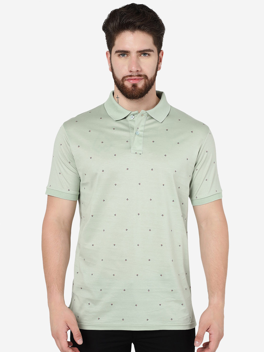 

JADE BLUE Geometric Printed Polo Collar Cotton Slim Fit Polo T-Shirt, Green