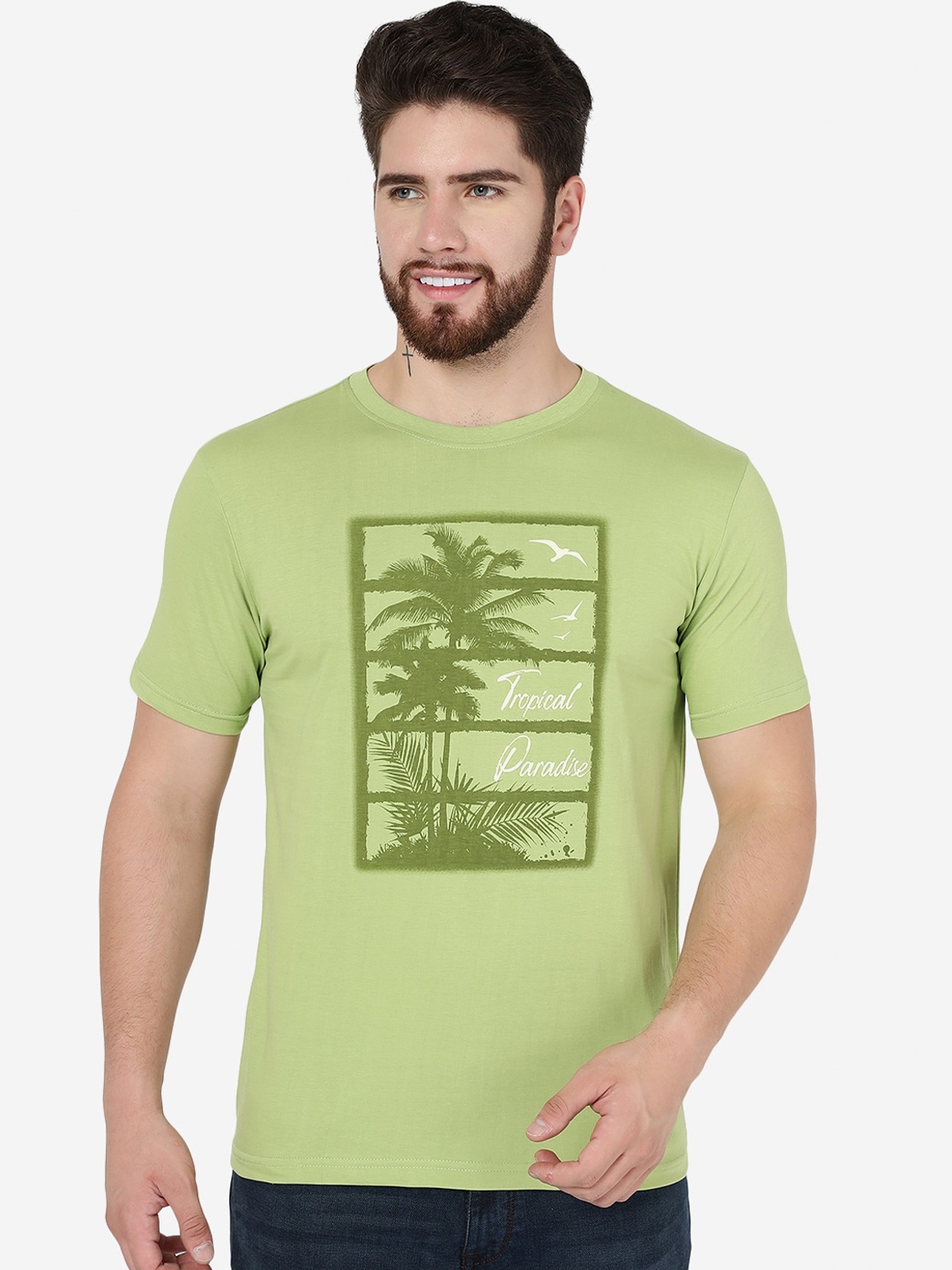 

Greenfibre Tropical Printed Round Neck Short Sleeves Cotton Slim Fit T-shirt, Green