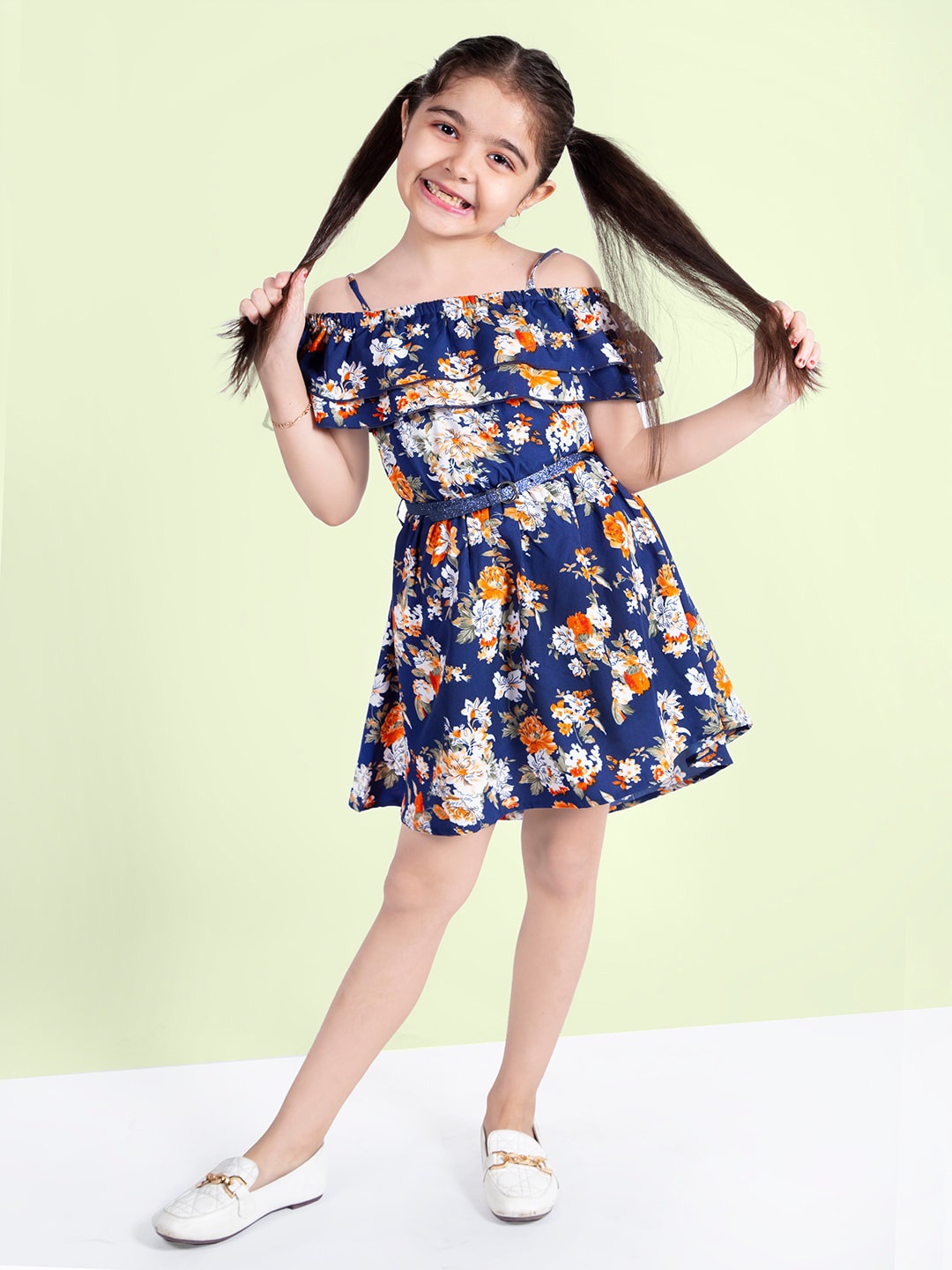 

Naughty Ninos Girls Shoulder Straps Floral Printed Fit & Flare Dress With Belt, Blue