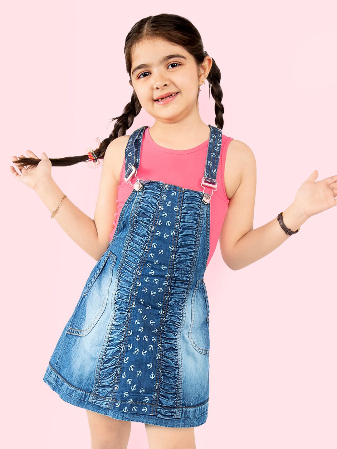 

Naughty Ninos Girls Pure Cotton Nautical Printed Pinafore Dress With T-Shirt, Blue