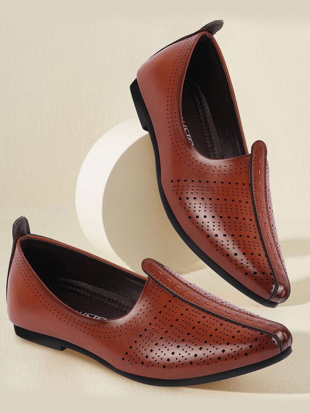 

FAUSTO Men Perforations Lightweight Comfort Insole Basics Mojaris, Brown