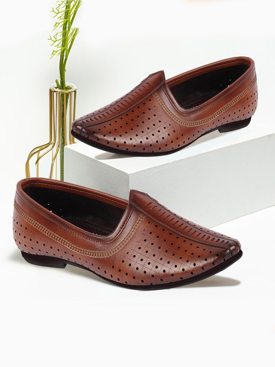 

FAUSTO Men Perforated Lightweight Mojaris, Tan