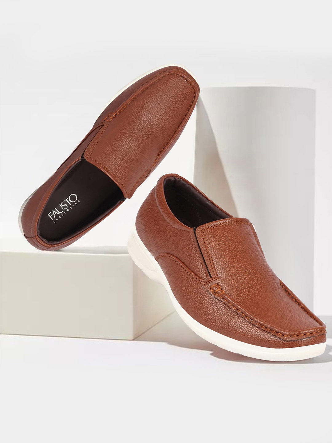 

FAUSTO Men Textured Lightweight Comfort Insole Contrast Insole Loafers, Tan