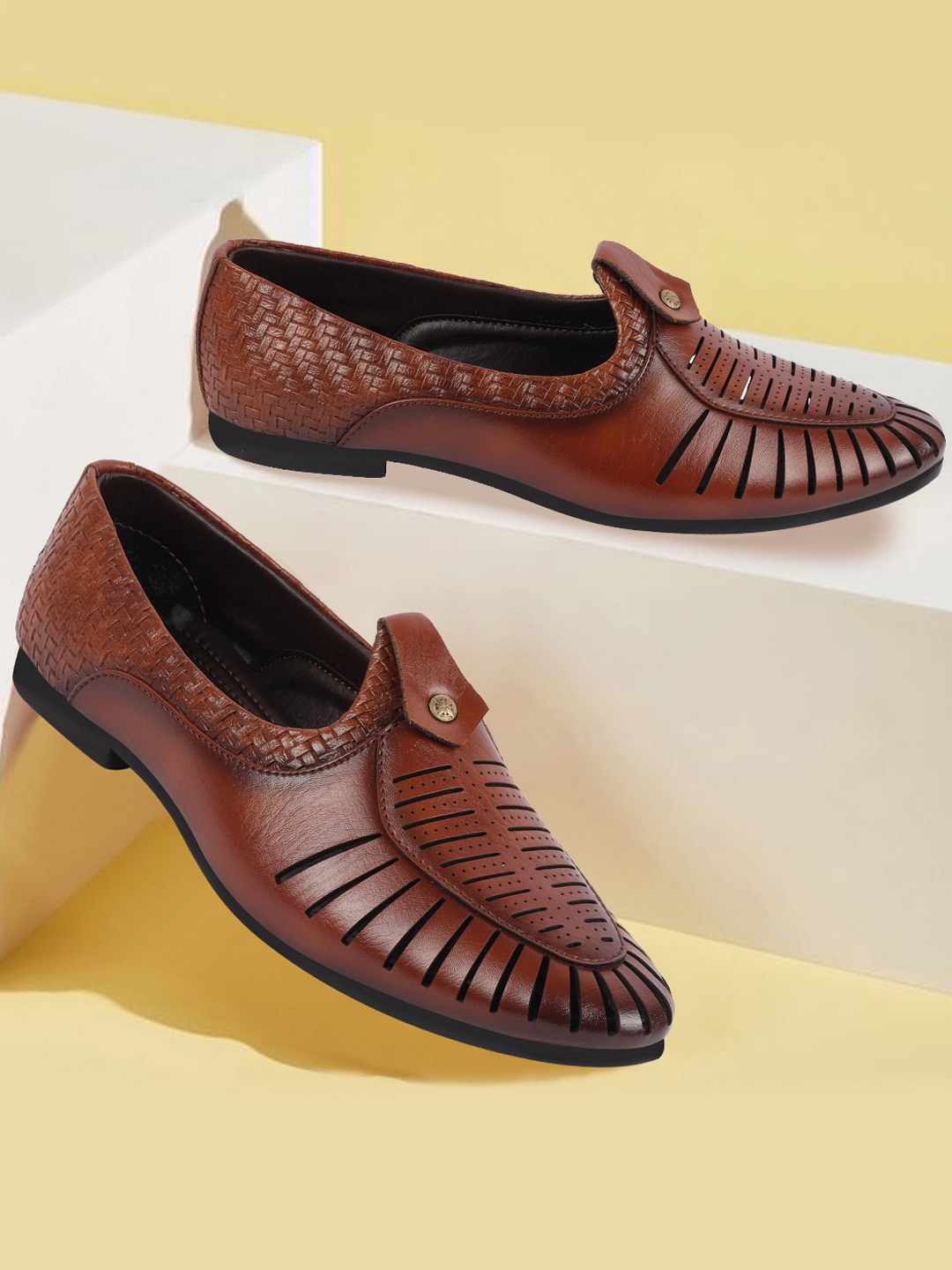 

FAUSTO Men Perforated Lightweight Mojaris, Tan