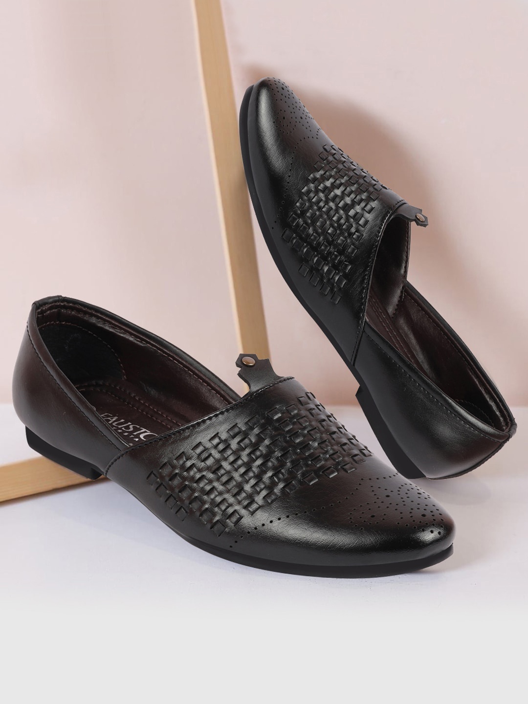 

FAUSTO Men Perforated Textured Lightweight Mojaris, Black