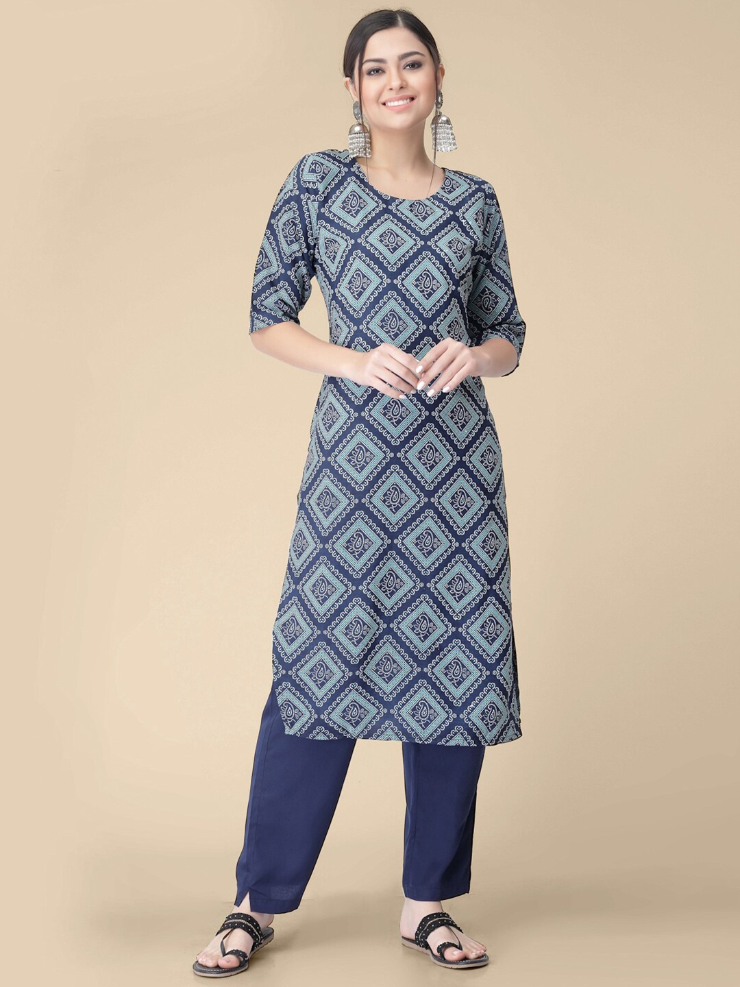 

7Threads Bandhani Printed Straight Kurta With Trousers, Blue