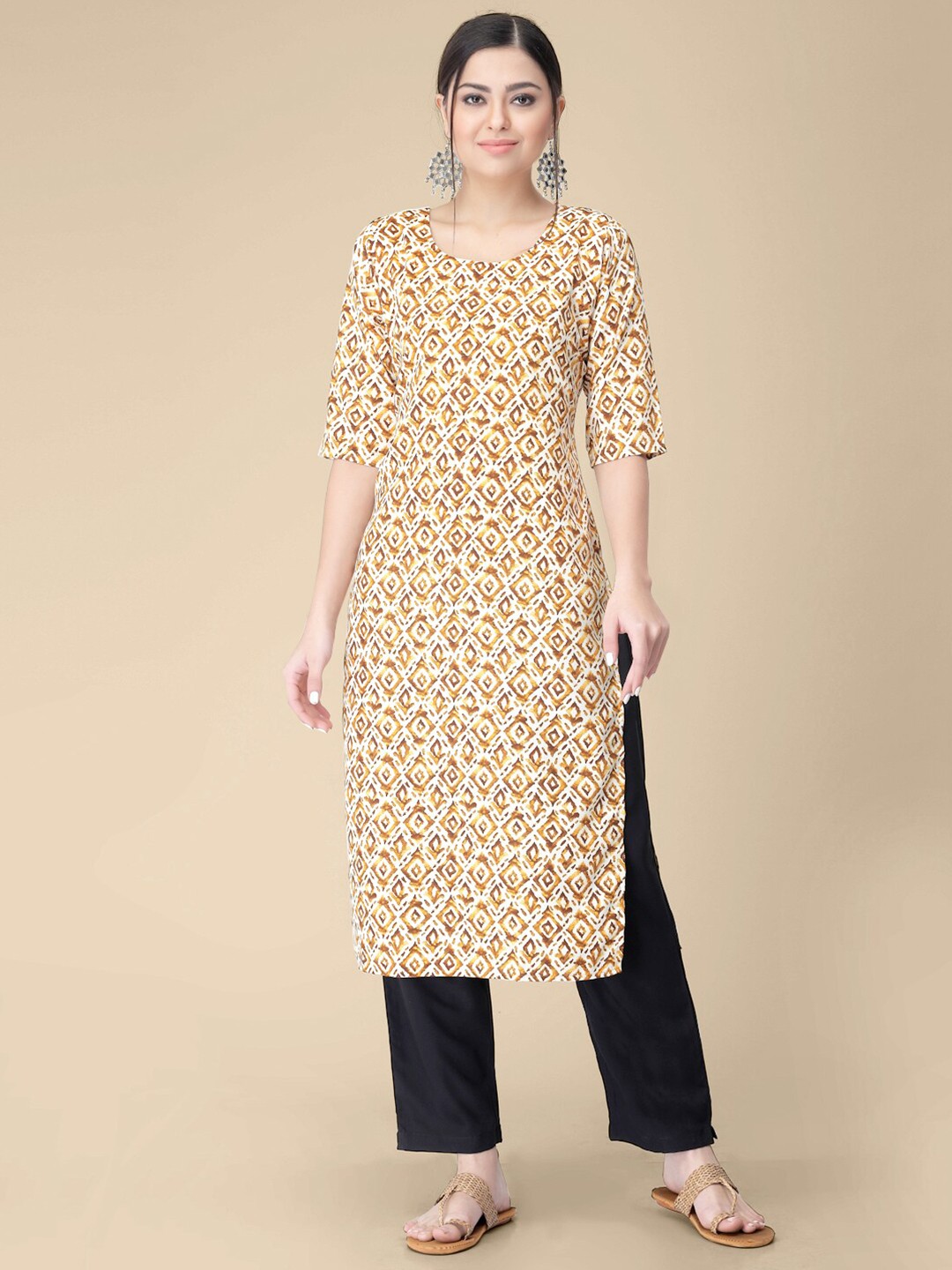 

7Threads Ethnic Motif Printed Straight Kurta With Trousers, Yellow