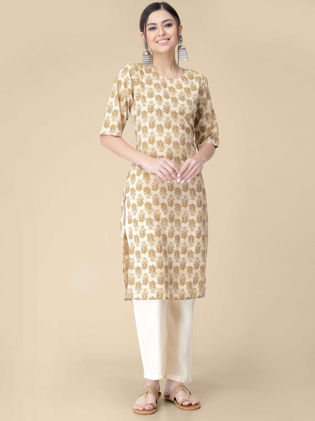 7Threads Floral Printed Straight Kurta With Trousers, Beige