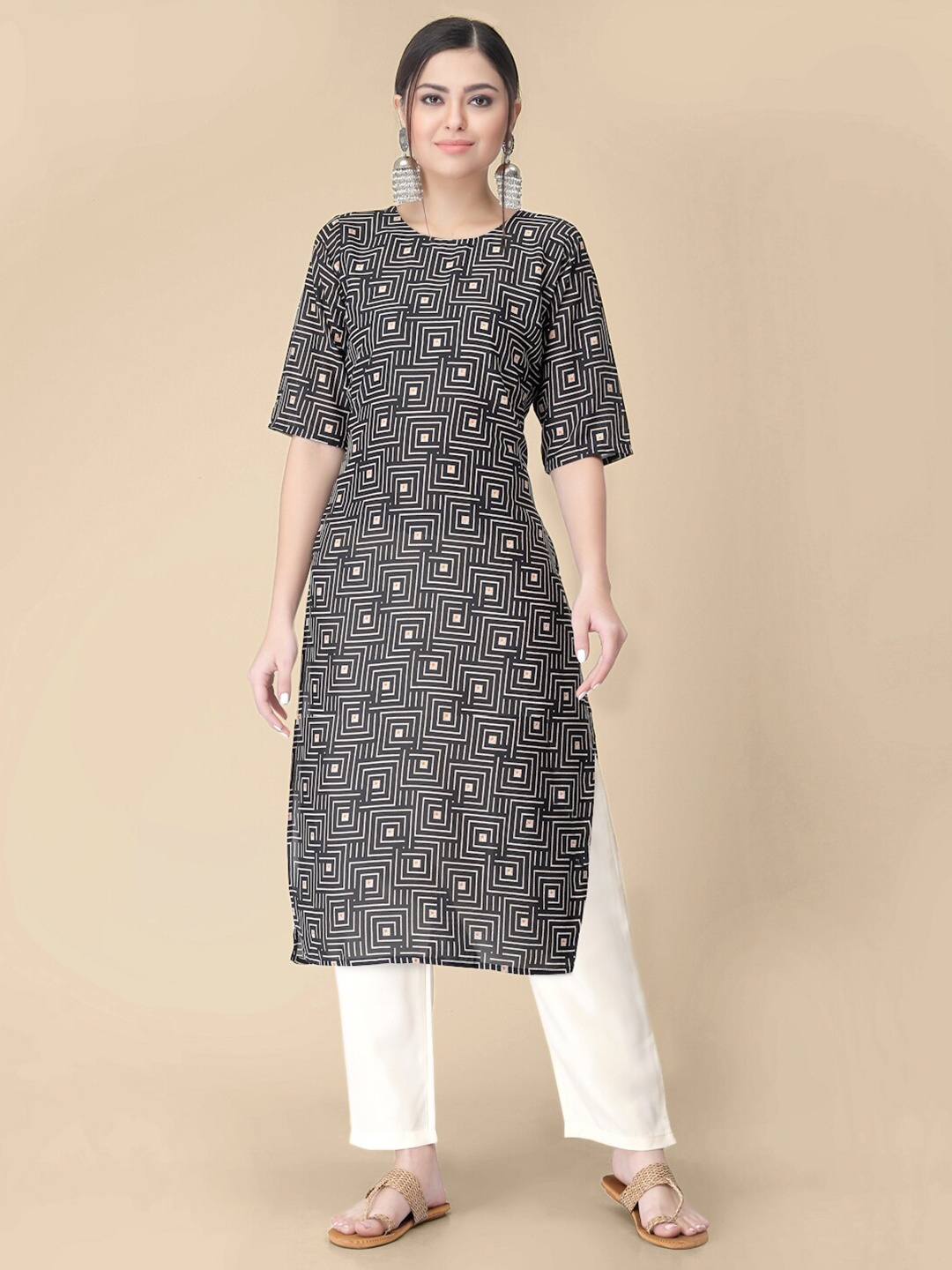 

7Threads Geometric Printed Straight Kurta With Trousers, Black