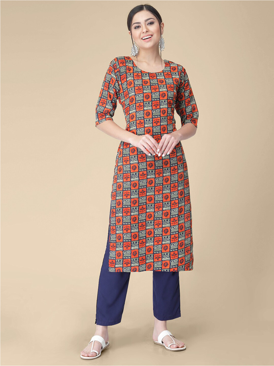 7Threads Ethnic Motif Printed Straight Kurta With Trousers, Orange