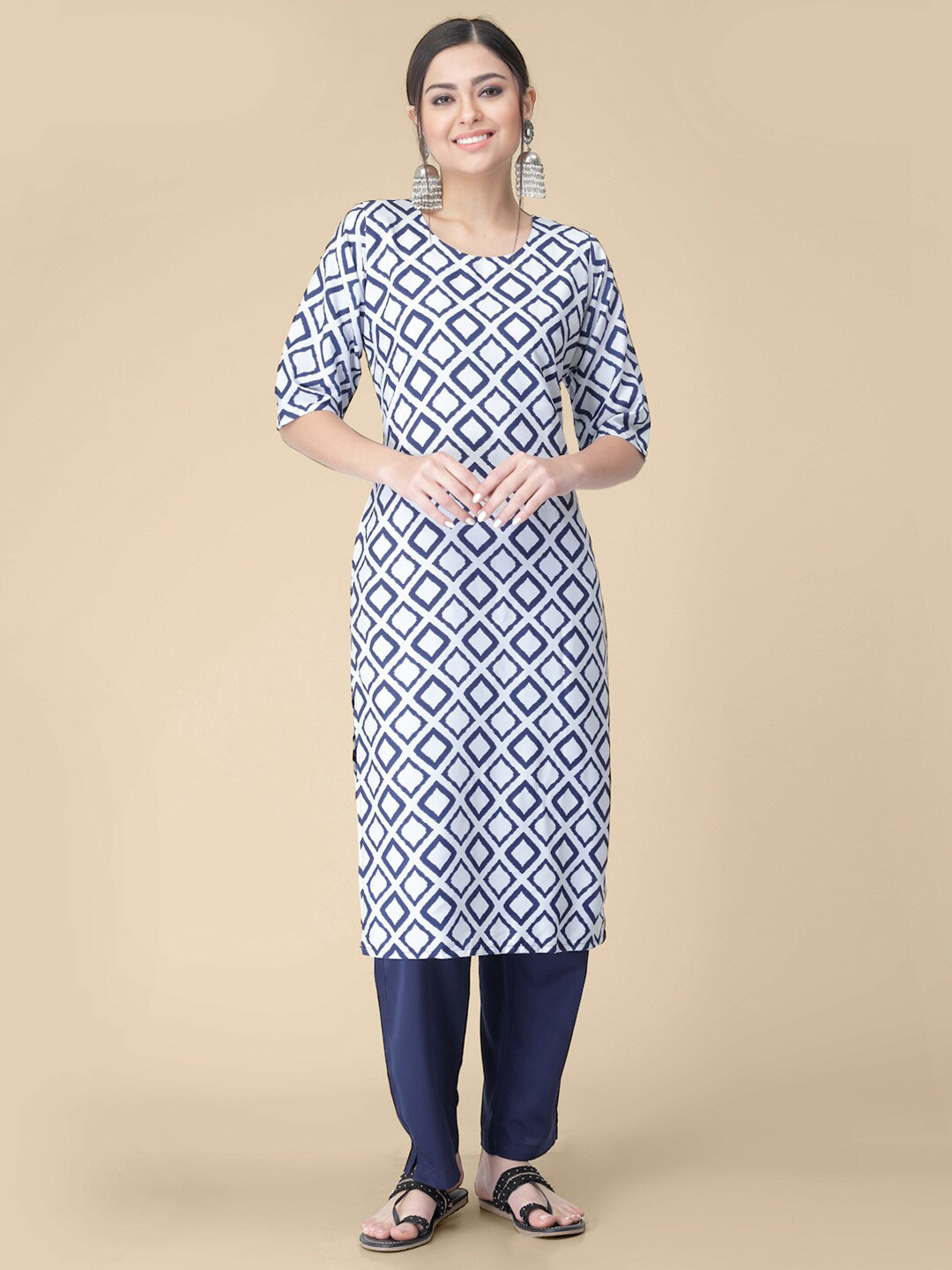 

7Threads Geometric Printed Straight Kurta With Trousers, White