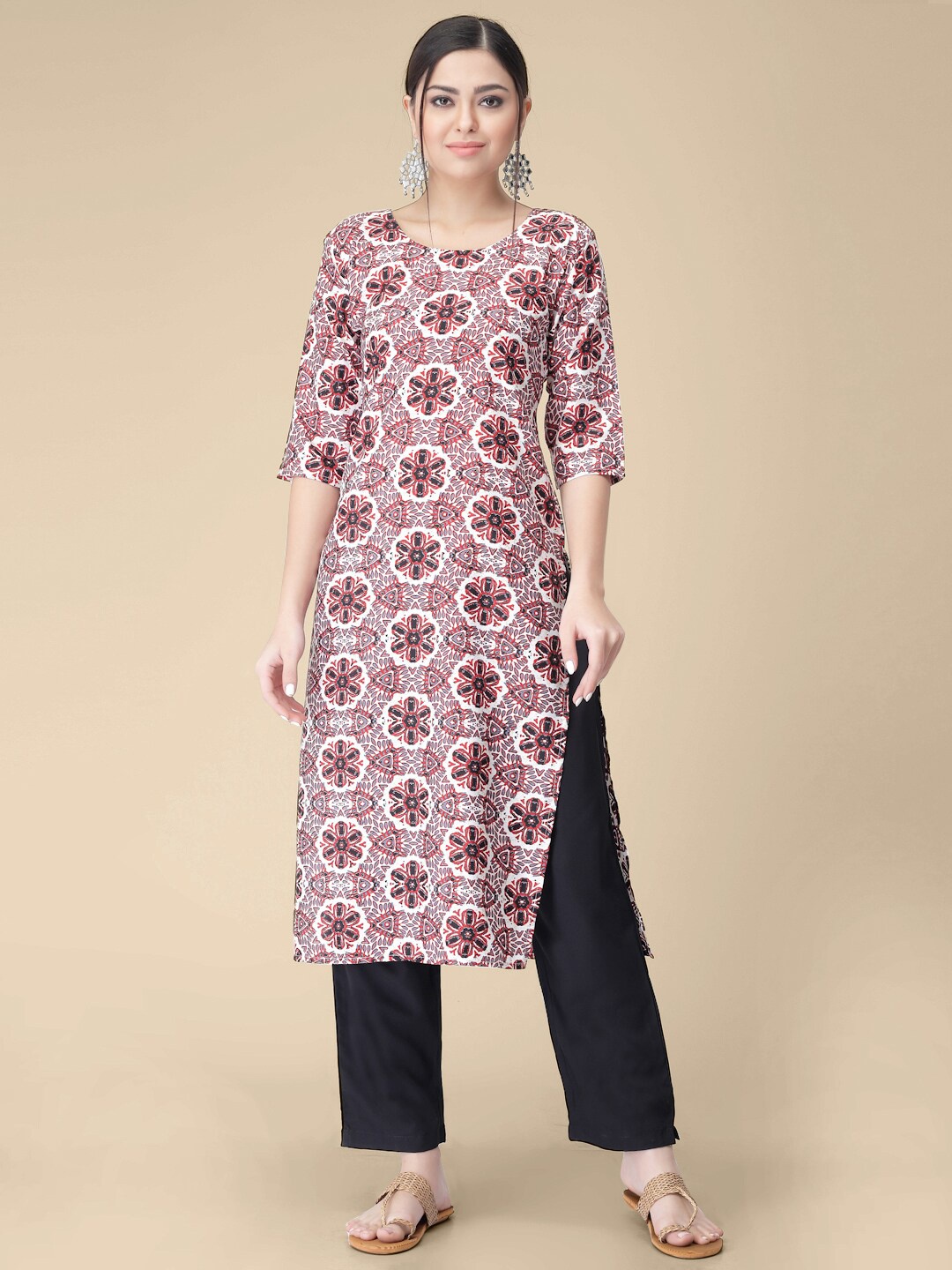 7Threads Floral Printed Straight Kurta With Trousers, White
