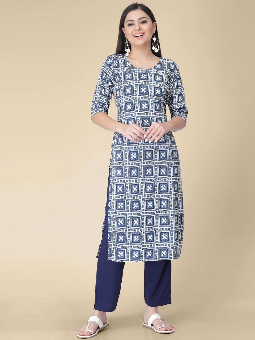 7Threads Ethnic Motif Printed Straight Kurta With Trousers, Blue
