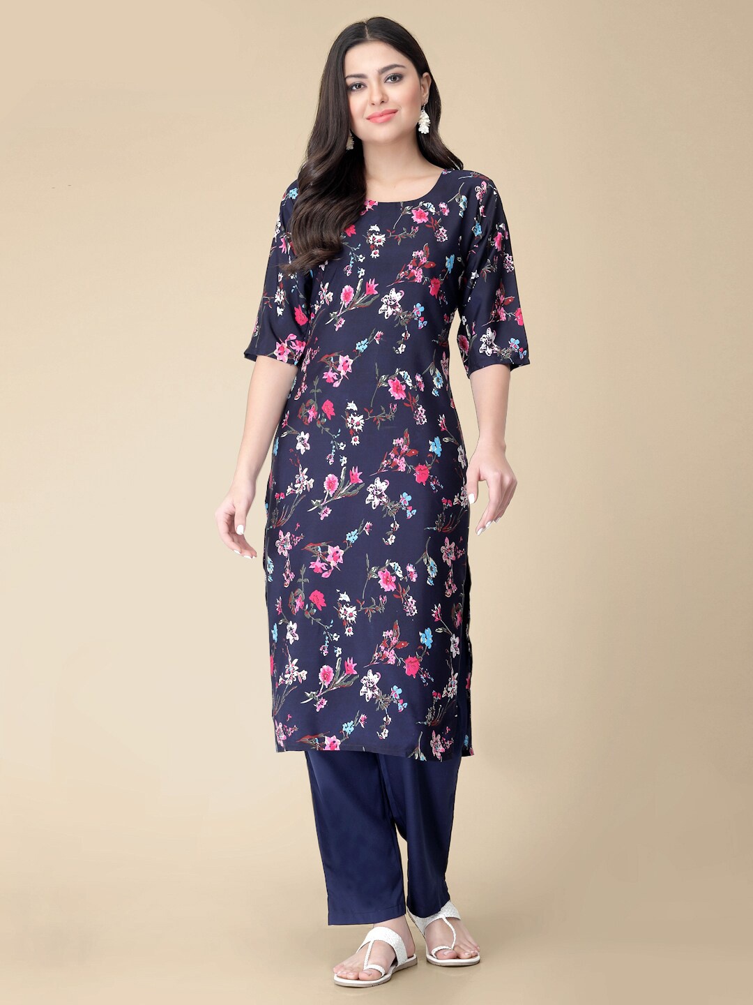 

7Threads Floral Printed Straight Kurta With Trousers, Navy blue