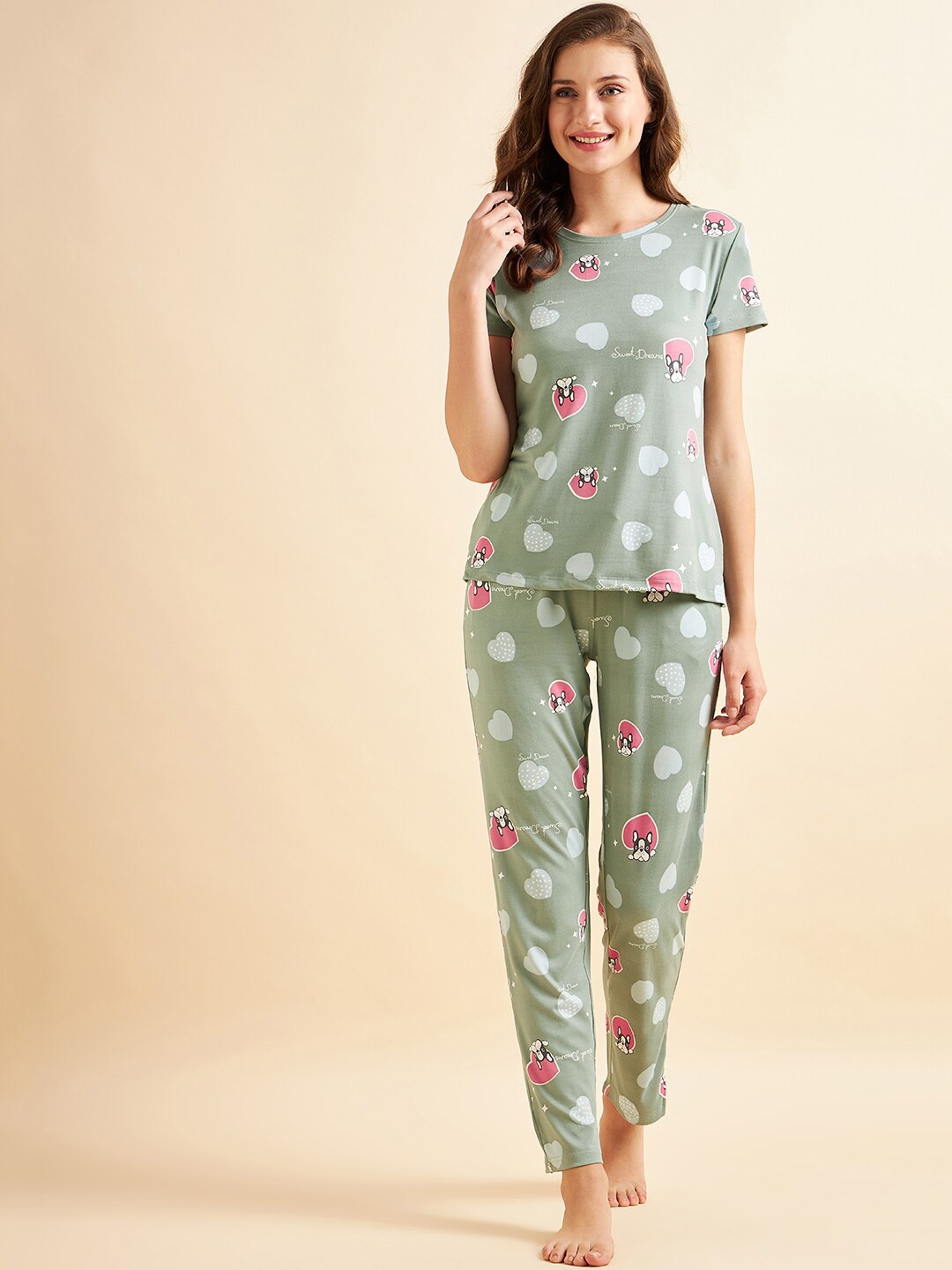 

Sweet Dreams Green & Pink Conversational Printed Pure Cotton Night Suit
