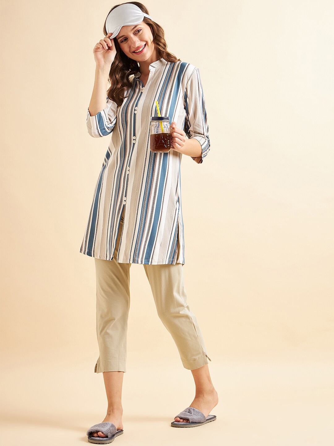 

Sweet Dreams Beige & Blue Striped Pure Cotton Night Suit