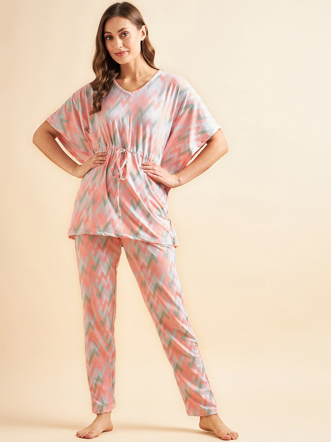 

Sweet Dreams Peach-Coloured & Green Geometric Printed Pure Cotton Night Suit