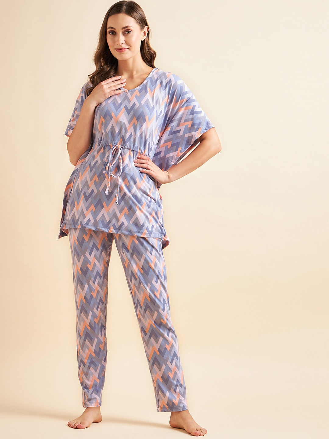 

Sweet Dreams Blue & Peach-Coloured Geometric Printed Pure Cotton Night Suit