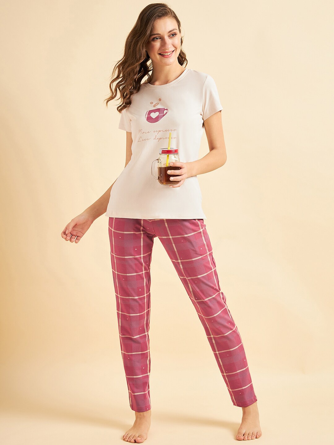 

Sweet Dreams Beige & Pink Checked Night Suit